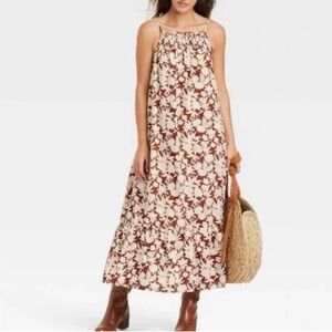 Universal Thread Cream & Brown Floral‎ Print Cotton Tiered Maxi Dress Size 4X